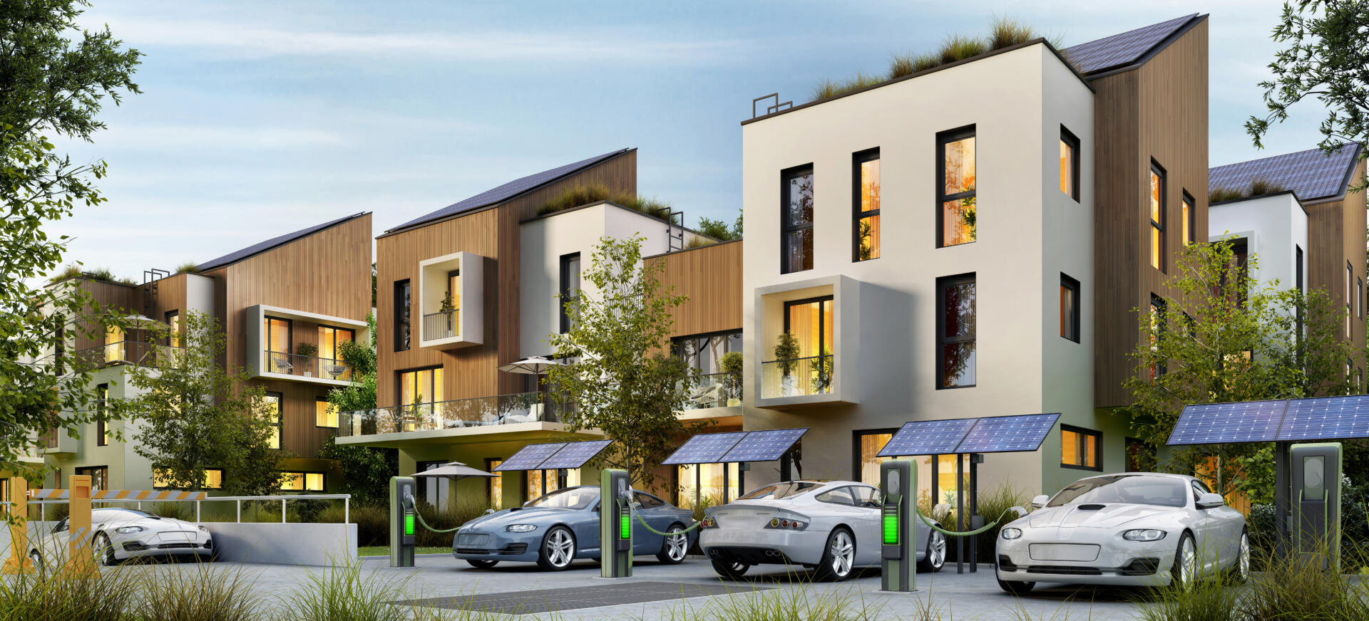 Modern apartment buildings and fast electric car charging statio