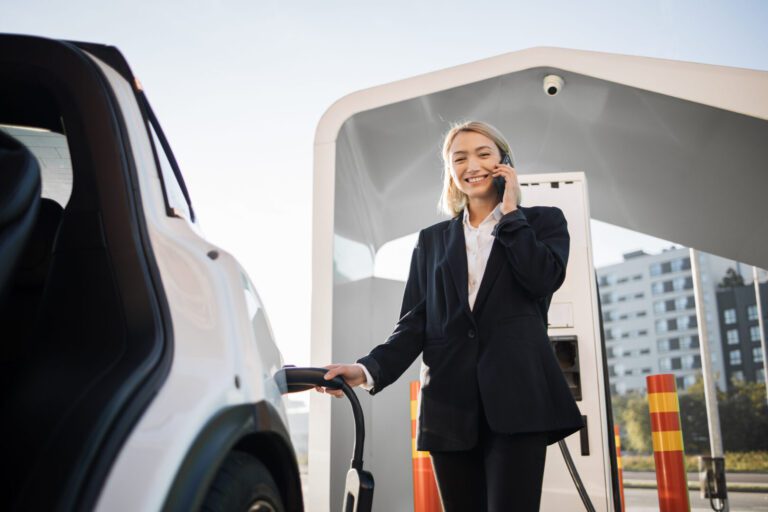 Business woman recharging battery of white electric car and talking on cell phone outdoors. Charming caucasian blonde in formal wear smiling and looking at camera while standing at EV public station.