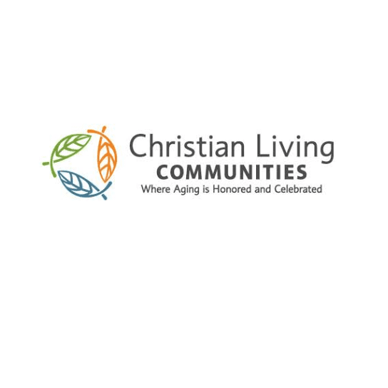 Logo for "Christian Living Communities" featuring stylized leaves in green, blue, and orange. The text reads "Where Aging is Honored and Celebrated.