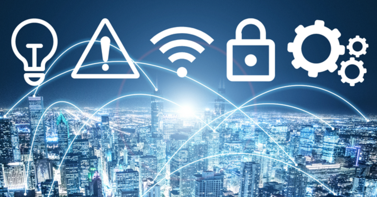 Smart city at night with network icons over skyline, including lightbulb, alert, Wi-Fi, lock, and gears.